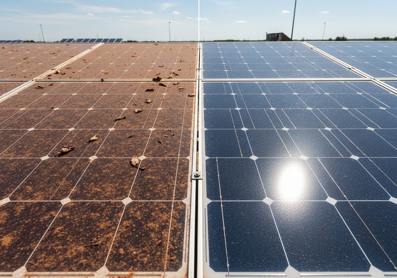 Before and after solar panel cleaning